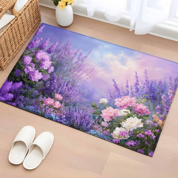 Spring Florals 2'x3' Rug for Entryway Front Door Kitchen Sink Area, Oil Painting Pink Purple White Lavender Floral Gradient Pink Low Pile Non Slip Rectangle Area Rug, Machine Washable Indoor Mat