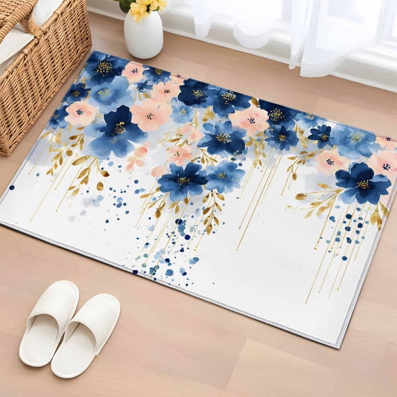 Spring Florals 2'x3' Rug for Entryway Front Door Kitchen Sink Area, Vintage Watercolor Pink Blue Floral Gold Leaf Low Pile Non Slip Rectangle Area Rug, Machine Washable Indoor Outdoor Mat