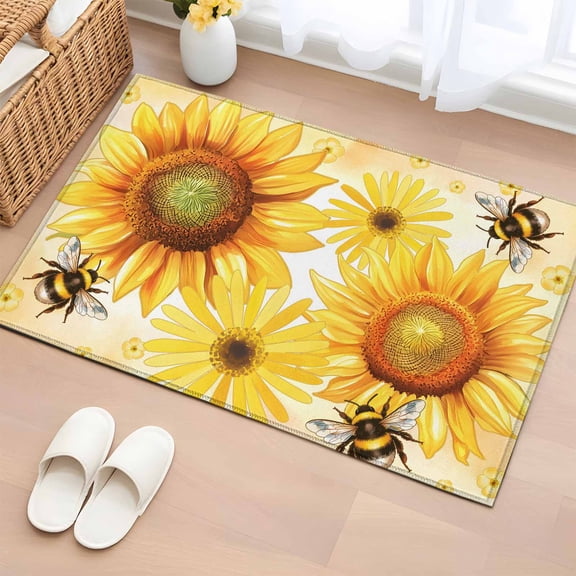 Spring Florals 2'x3' Rug for Entryway Front Door Kitchen Sink Area, Watercolor Country Yellow Daisy Sunflower Floral Bee Yellow Low Pile Non Slip Rectangle Area Rug, Machine Washable Indoor Mat