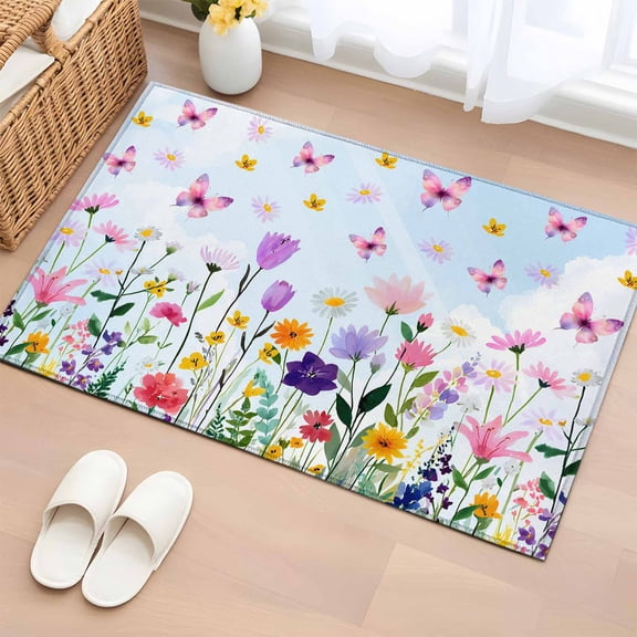 Spring Florals 2'x3' Rug for Entryway Front Door Kitchen Sink Area, Yellow Pink Purple Flower Daisy Butterflies Low Pile Washable Non Slip Rectangle Area Rug