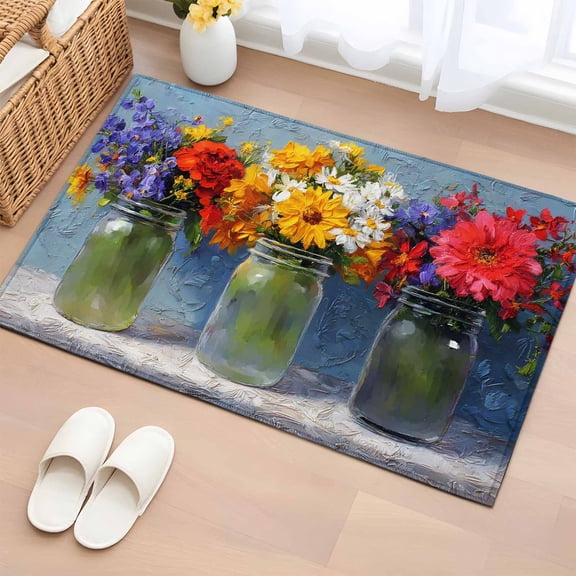 Spring Florals 2'x3' Rug for Entryway Front Door Kitchen Sink Area, Yellow Red Pink Purple Flower Blue Gray Oil Paintings Low Pile Non Slip Rectangle Area Rug, Machine Washable Indoor Outdoor Mat
