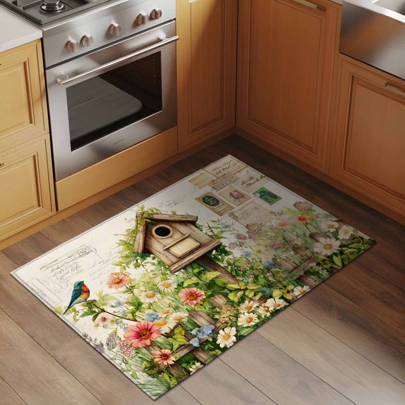 Spring Florals 2x3 Rug for Entryway Front Door Kitchen Sink Area, Country Watercolor Bird House Fence White Floral Leaf Beige Low Pile Washable Non Slip Rectangle Area Rug
