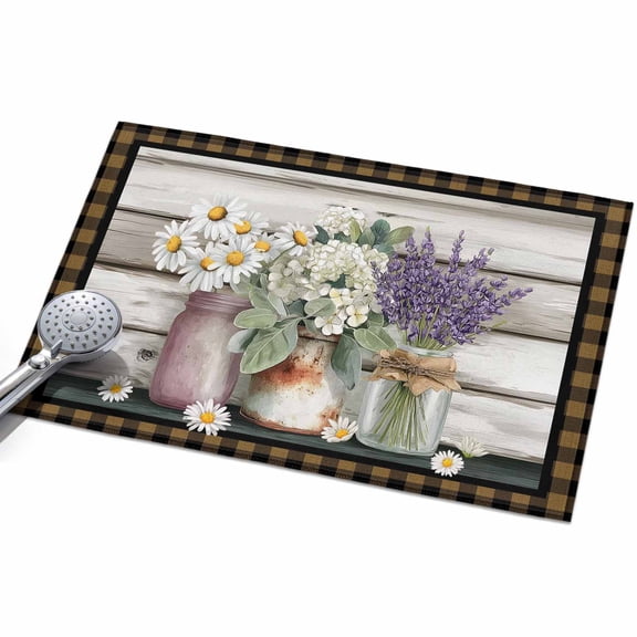 Spring Florals 2x3ft Non Slip Area Rug Daisy Lavender Bouquet Retro Wood Brown Plaid Washable Soft Area Rugs for Living Room, Indoor Circle Carpet for Bedroom Dining Room Kitchen