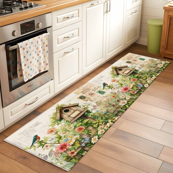 Spring Florals 2x6 Runner Rug for Hallway Walkway Kitchen Galley, Country Watercolor Bird House Fence White Floral Leaf Beige Low Pile Washable Non Slip Long Area Rug