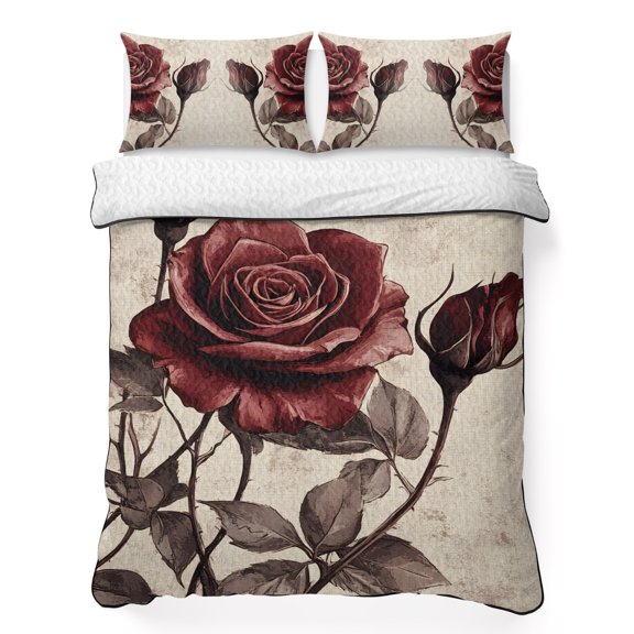 Spring Florals 3 Piece Quilt Bedding Set with 2 Pillow Shams, Retro Rose Bud Lightweight Bedspread Coverlet, Soft Breathable All Season Quilt, 96 x 106 Inch