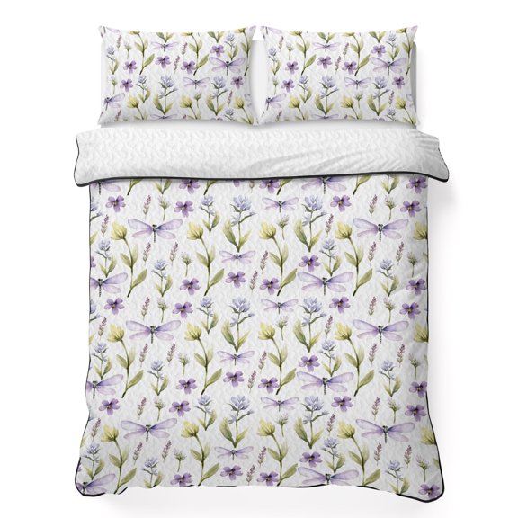 Spring Florals 3 Piece Quilt Bedding Set with 2 Pillow Shams, Watercolor Purple Dragonfly Green Floral Leaf Lightweight Bedspread Coverlet, Soft Breathable All Season Quilt, 79 x 90 Inch