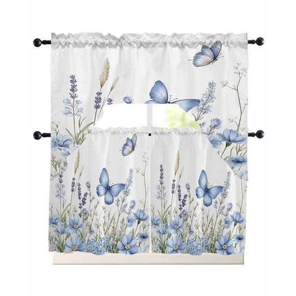 Spring Florals 3 Piece Swag Kitchen Curtains Set Blue Wildflowers Field Butterfly Scenery Valance and Tier Curtains 24 In Long, 56" x 36" Window Topper for Cafe Bathroom Bedroom