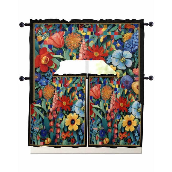 Spring Florals 3 Piece Swag Kitchen Curtains Set Valance and Tier Curtains 24 Inches Long, 56" x 36" Window Topper Abstract Colored Floral Black Gold Border for Cafe Bathroom Bedroom