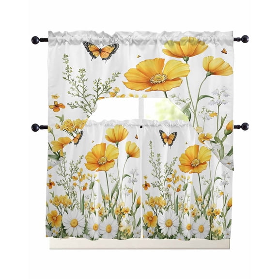 Spring Florals 3 Piece Swag Kitchen Curtains Set White Yellow Floral Daisy Butterfly Flower Field Valance and Tier Curtains 24 In Long, 56" x 36" Window Topper for Cafe Bathroom Bedroom