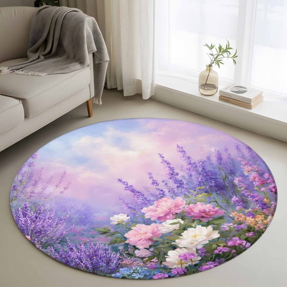 Spring Florals 3' Round Rug for Bathroom Accent Bedside Corner, Oil Painting Pink Purple White Lavender Floral Gradient Pink Non Slip Circle Area Rug for Small Spaces, Machine Washable Indoor Mat