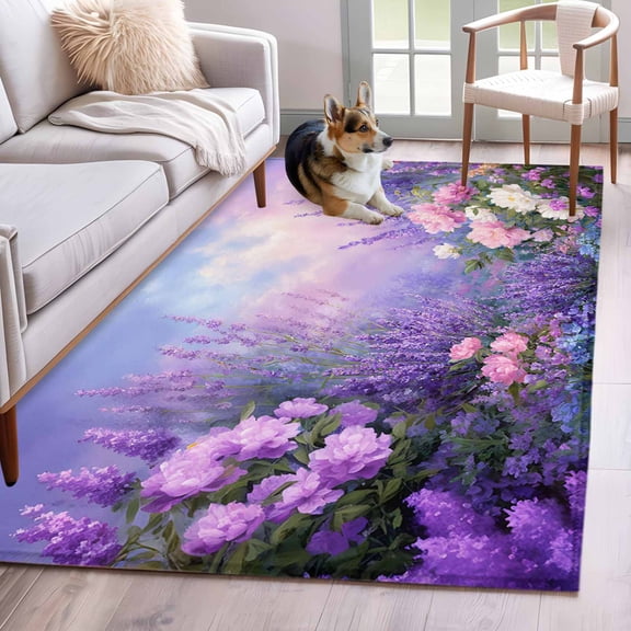 Spring Florals 4'x6' Rug for Dining Table for 4 People Under Table, Oil Painting Pink Purple White Lavender Floral Gradient Pink Non Slip Rectangle Area Rug, Machine Washable Indoor Outdoor Mat