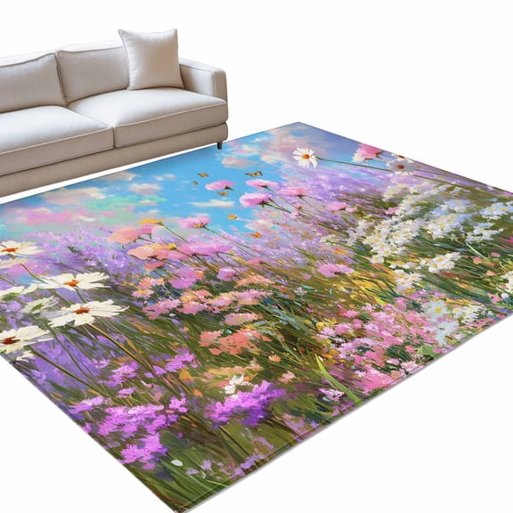 Spring Florals 4x6ft Non Slip Area Rug Oil Painting Pink Purple White Lavender Floral Blue Sky Washable Soft Area Rugs for Living Room, Indoor Circle Carpet for Bedroom Dining Room Kitchen