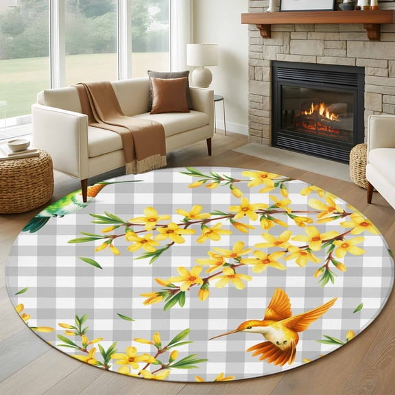 Spring Florals 7' Round Rug for Living Room Conversation Area, Watercolor Spring Green Yellow Floral Leaf Birds Grey Plaid Non Slip Large Circle Area Rug, Machine Washable Indoor Outdoor Mat