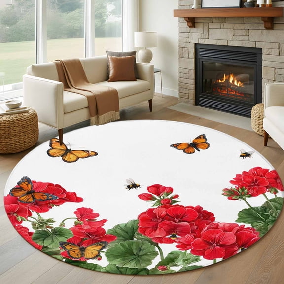 Spring Florals 8' Round Rug for Open Concept Living Room Seating Zone, Country Watercolor Red Geranium Floral Leaf Butterfly Bee Non Slip Large Circle Area Rug, Machine Washable Indoor Outdoor Mat
