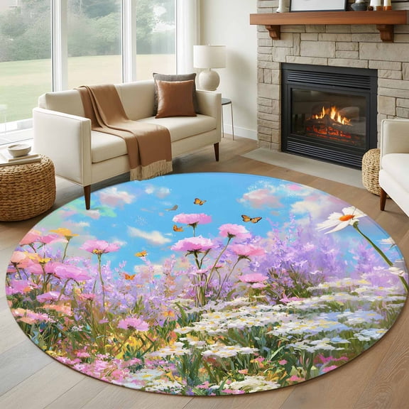 Spring Florals 8' Round Rug for Open Concept Living Room Seating Zone, Oil Painting Pink Purple White Lavender Floral Blue Sky Non Slip Large Circle Area Rug, Machine Washable Indoor Outdoor Mat