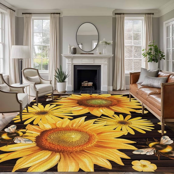 Spring Florals 8'x10' Area Rug for Living Room Sectional Sofa, Watercolor Country Yellow Daisy Sunflower Floral Bee Black Non Slip Large Rectangle Area Rug, Machine Washable Indoor Outdoor Mat