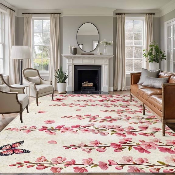 Spring Florals 8'x10' Large Area Rug for Living Room Sectional Sofa, Watercolor Gradient Falling Pink Floral Butterfly Beige Non Slip Low Pile Rectangle Area Rug, Machine Washable Indoor Outdoor Mat