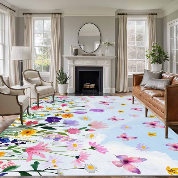 Spring Florals 8'x10' Large Area Rug for Living Room Sectional Sofa, Yellow Pink Purple Flower Daisy Butterflies Washable Non Slip Low Pile Rectangle Area Rug