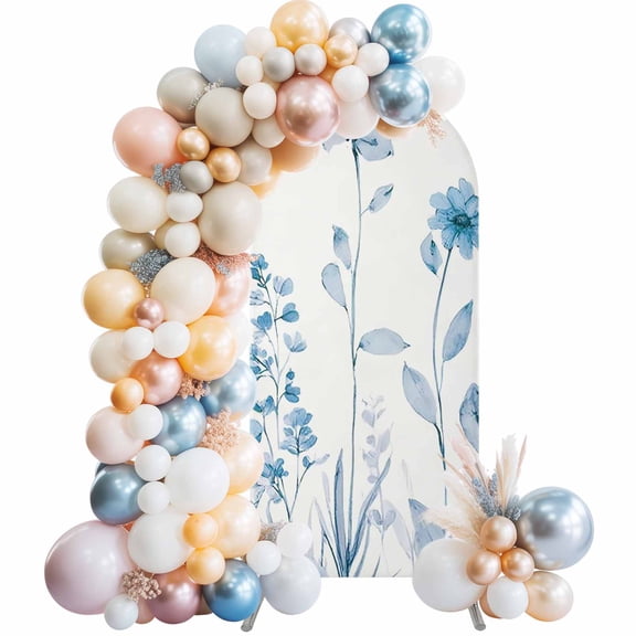 Spring Florals Arch Backdrop Cover 4 FT Watercolor Light Blue Floral Leaf Beige Background Stretchy Elastic Arch Stand Covers Spandex Arched Background Birthday Wedding Party Decoration (No Stand)