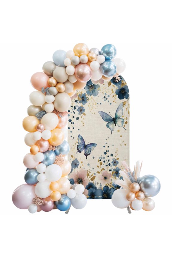 Spring Florals Arch Backdrop Cover 4 FT Watercolor Pink Blue Floral Gold Leaf Butterfly Linen Texture Stretchy Arch Stand Covers Spandex Arched Background Birthday Wedding Decoration (No Stand)