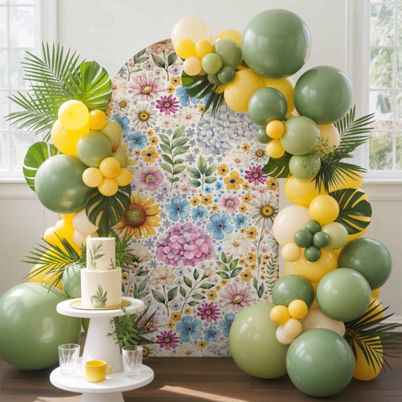 Spring Florals Arch Backdrop Cover, 4FT, Watercolor Country Colorful Floral Leaf Plant Vintage Paper Spandex Arch Covers Double-Sided Backdrop for Wedding Birthday Party Photo Background Decoration