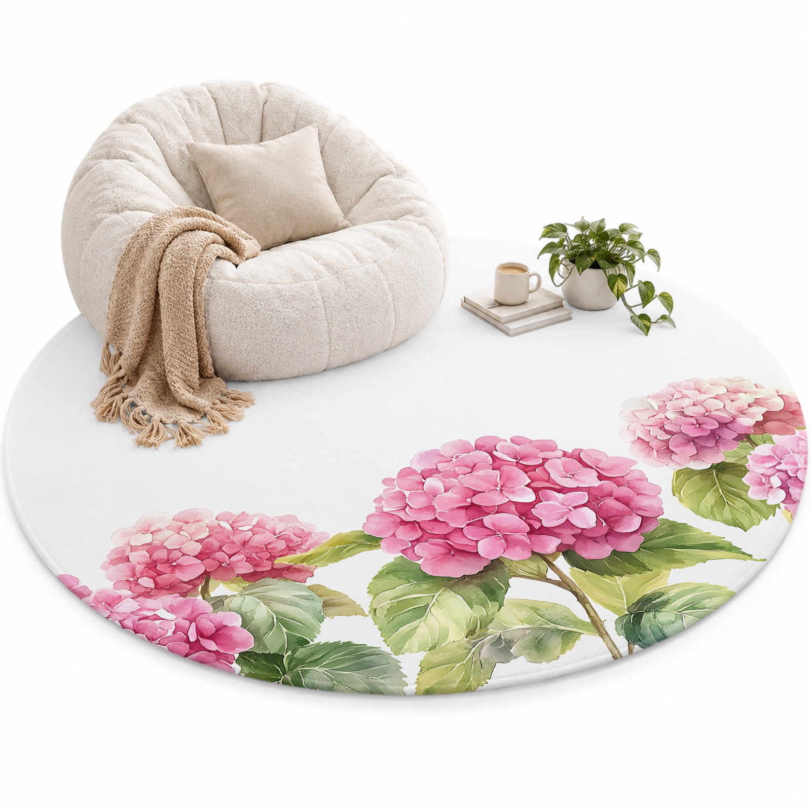 Spring Florals Area Rug 6', Pink Hydrangea Soft Mat Non-Slip Silicone ...