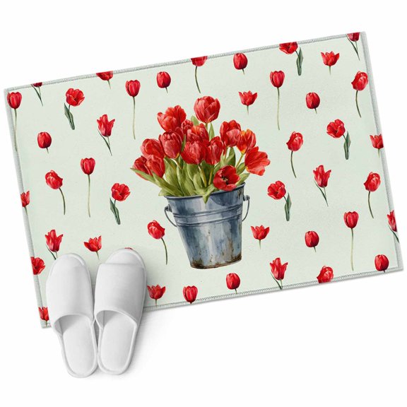 Spring Florals Area Rug, Red Tulip Floral Drum Green Background Rectangular Non-Slip Absorbent Washable Area Rug Felt Rubber Backing Indoor Carpet for Bedroom Living Room 2x3ft