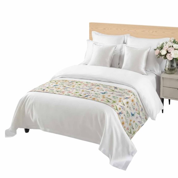 Spring Florals Bed Runner Queen Size Vintage Watercolor Pink White Floral Butterfly Dragonfly Beige Soft Bed Scarf for Foot of Bed, Decorative Bedding Scarf Protection for Home Bedroom 83 x 20 Inch