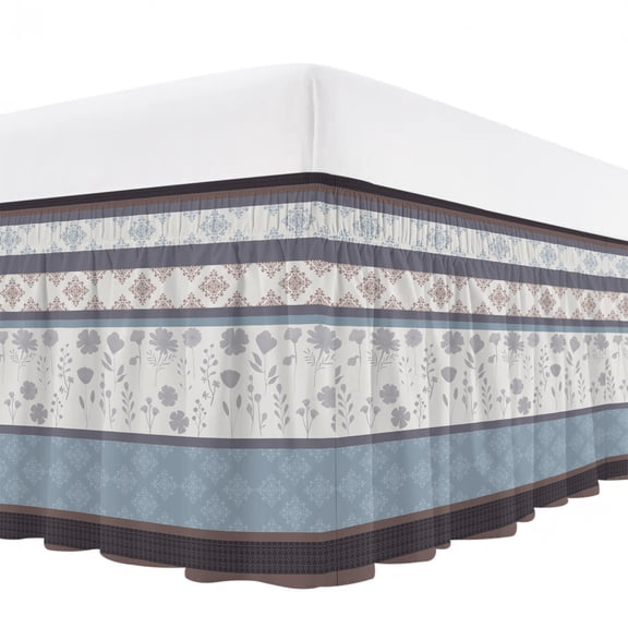 Spring Florals Bed Skirt Bed Skirts King Size 16 Inch Drop, Blue Brown Floral Country Farm Style Stripes Wrap Around Dust Ruffle Bedskirt with Adjustable Elastic Belt for King Size Beds
