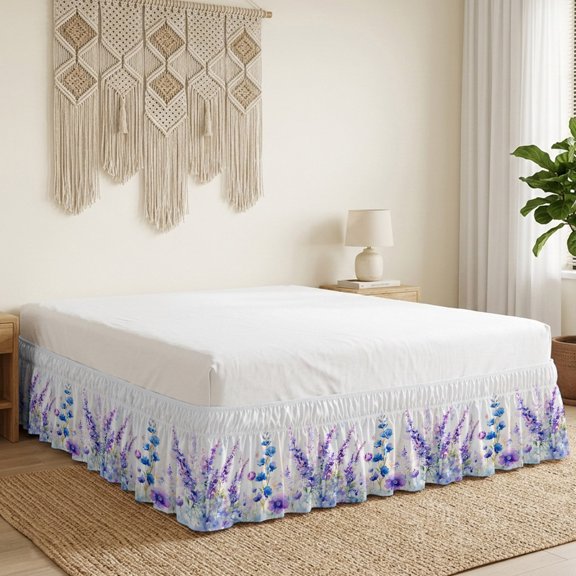 Spring Florals Bed Skirt Bed Skirts Queen Size 16 Inch Drop, Idyllic Purple Blue Lavender Wrap Around Dust Ruffle Bedskirt with Adjustable Elastic Belt for Queen Size Beds