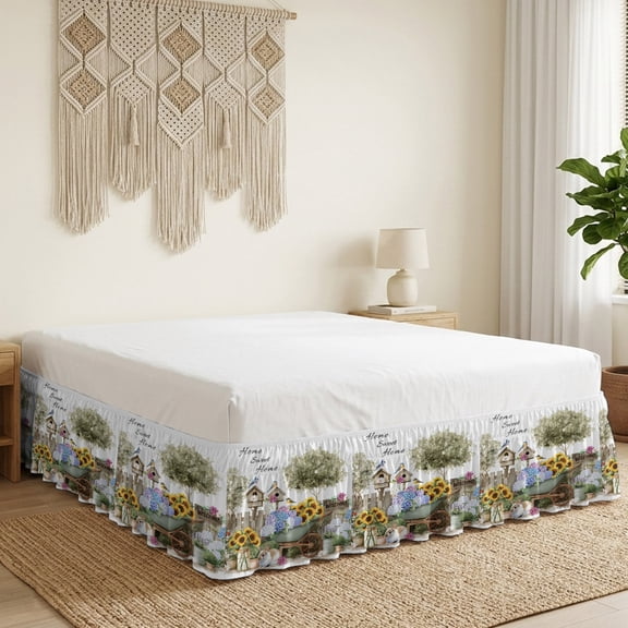Spring Florals Bed Skirt Bed Skirts Queen Size 16 Inch Drop, Watercolor Colored Floral Rabbit Tree Birds Wrap Around Dust Ruffle Bedskirt with Adjustable Elastic Belt for Queen Size Beds
