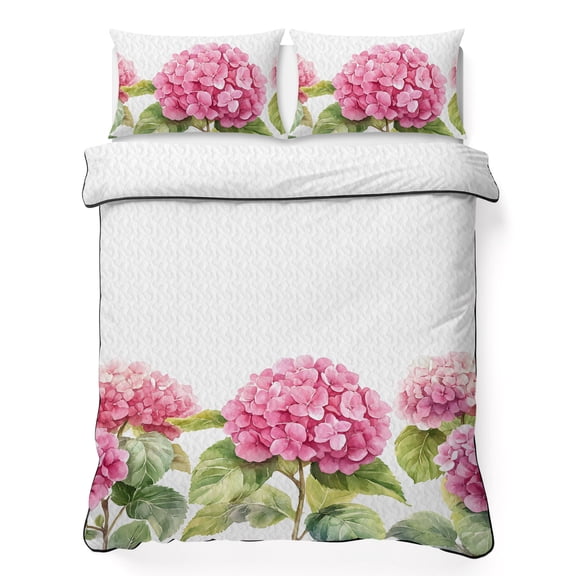 Spring Florals California King Quilt Bedding Set, Pink Hydrangea Lightweight Comforter with 2 Pillow Shams Bedroom Bedspread Set Home Decor for All Seasons