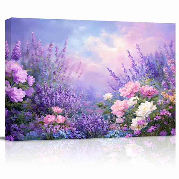 Spring Florals Canvas Print Wall Art Oil Painting Pink Purple White Lavender Floral Gradient Pink Pictures Painting Morden Artwork for Living Room Bedroom, Ready to Hang - 12"x16"
