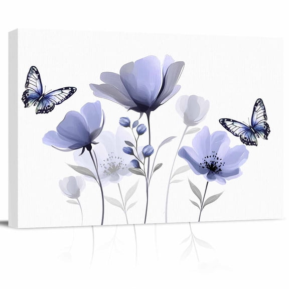 Spring Florals Canvas Print Wall Art Watercolor Purple Floral Leaf Plant Butterfly Pictures Painting Morden Artwork for Living Room Bedroom, Ready to Hang - 12"x16"