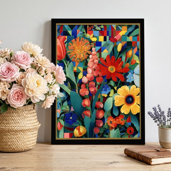 Spring Florals Canvas Wall Art, Abstract Colored Floral Black Gold Border Framed Canvas Wall Decor Picture Print Artwork Decorations for Living Room Office Ready to Hang 20" x 16"