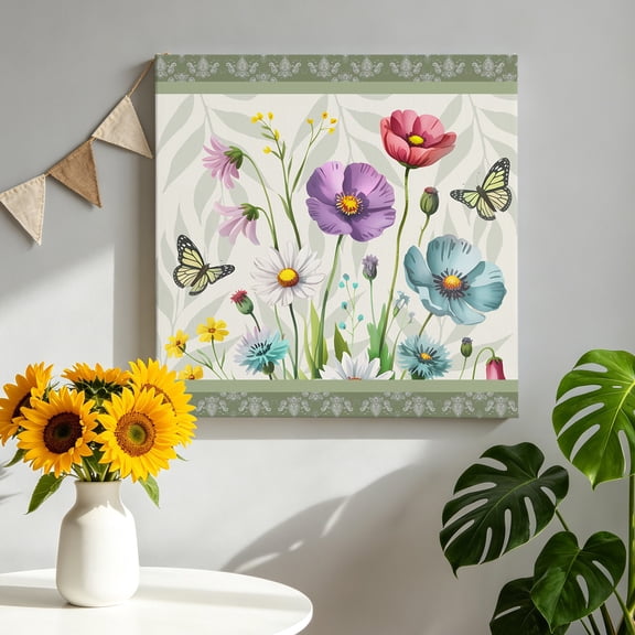 Spring Florals Canvas Wall Art, Daisy Wildflowers Butterfly Leaf Green Border Framed Canvas Wall Decor Picture Print Artwork Decorations for Living Room Office Ready to Hang 8" x 8"