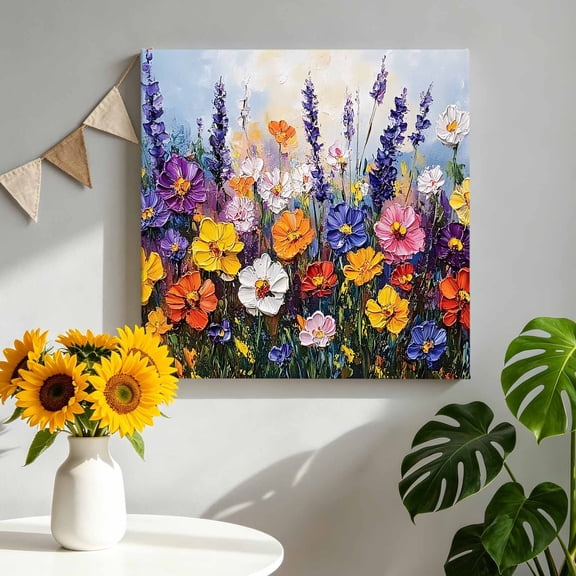 Spring Florals Canvas Wall Art Framed Wall Decor for Living Room Bedroom Bathroom, Vintage Lavender Oil Painting Floral Canvas Pictures Ready to Hang Decor, 8"x8"