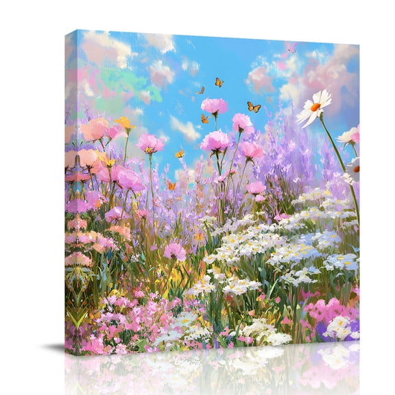 Spring Florals Canvas Wall Art for Living Room, Oil Painting Pink Purple White Lavender Floral Blue Sky Poster Print Painting for Bedroom Office Home Decoration Wall Pictures Prepare To Hang 8"x8"