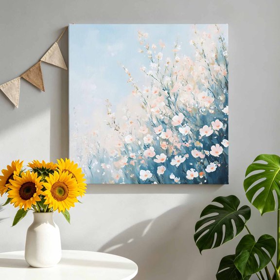 Spring Florals Canvas Wall Art for Living Room, Pastoral Blue Sky Oil Painting Poster Print Painting for Bedroom Office Home Decoration Wall Pictures Prepare To Hang 8"x8"