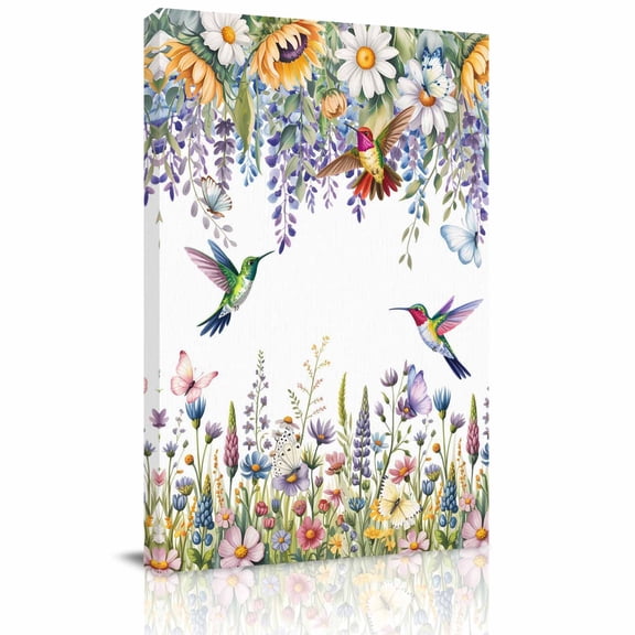 Spring Florals Canvas Wall Art for Living Room, Vintage Watercolor Purple Yellow Pink Floral Leaf Birds Wall Decor Framed Artwork Pictures Ready to Hang for Bedroom Office Home Decor