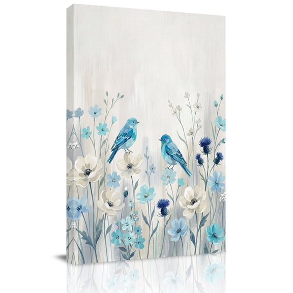 Spring Florals Canvas Wall Art for Living Room, Watercolor Blue Bird Floral White Country Style Wall Decor Framed Artwork Pictures Ready to Hang for Bedroom Office Home Decor