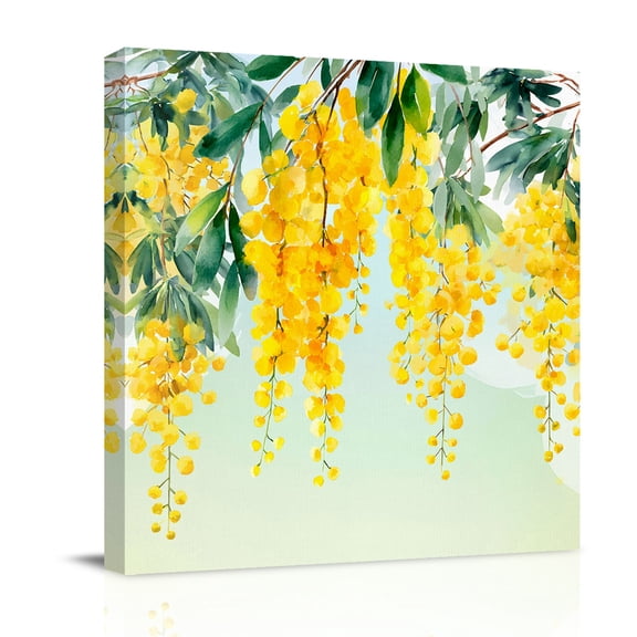 Spring Florals Canvas Wall Art for Living Room, Watercolor Gradient Yellow Floral Romantic Green Leaf Poster Print Painting for Bedroom Office Home Decoration Wall Pictures Prepare To Hang 8"x8"