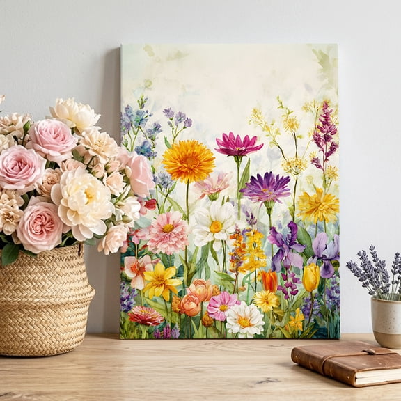 Spring Florals Canvas Wall Art for Living Room, Watercolor Yellow White Purple Pink Floral Leaf Beige Wall Decor Framed Artwork Pictures Ready to Hang for Bedroom Office Home Decor 16x20 Inch