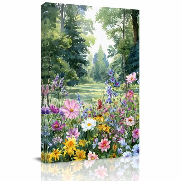 Spring Florals Canvas Wall Art for Living Room, Watercolor Yellow White Purple Pink Floral Leaf Green Forest Wall Decor Framed Artwork Pictures Ready to Hang for Bedroom Office Home Decor