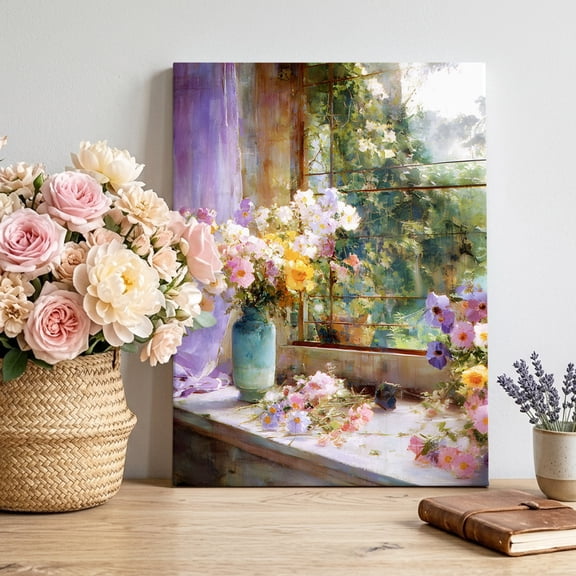 Spring Florals Canvas Wall Art, Oil Painting Colored Floral Window Scene Pictures Wall Decor Wooden Framed Artwork Art Prints for Living Room Hallway Bedroom Office 24"x36"