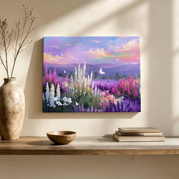 Spring Florals Canvas Wall Art, Oil Painting Purple White Lavender Floral Gradient Pink Purple Wall Art Prints Artwork Framed Canvas Ready to Hang Art Pictures for Living Room Bedroom Hallway 30"x20"