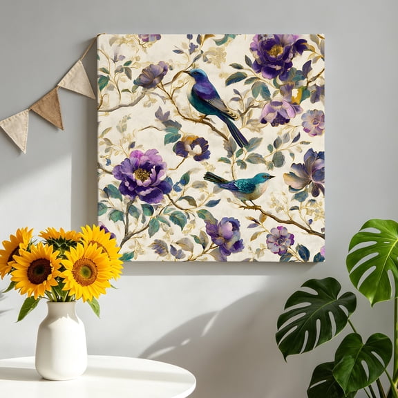 Spring Florals Canvas Wall Art, Vintage Gorgeous Purple Flower Bird Waterproof Leaf Framed Canvas Wall Decor Picture Print Artwork Decorations for Living Room Office Ready to Hang 12" x 12"