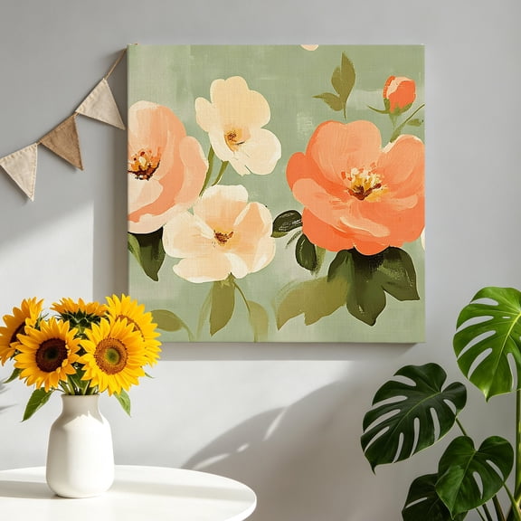 Spring Florals Canvas Wall Art, Vintage Oil Painting Pink White Floral Green Leaf Plant Green Pictures Wall Decor Wooden Framed Artwork Art Prints for Living Room Hallway Bedroom Office 8"x8"