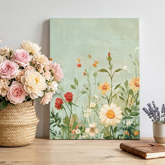 Spring Florals Canvas Wall Art, Vintage Oil Painting White Red Yellow Floral Leaf Green Pictures Wall Decor Wooden Framed Artwork Art Prints for Living Room Hallway Bedroom Office 16"x20"