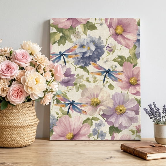 Spring Florals Canvas Wall Art, Watercolor Pink Purple Floral Green Leaves Blue Dragonfly Linen Pictures Wall Decor Wooden Framed Artwork Art Prints for Living Room Hallway Bedroom Office 8"x10"